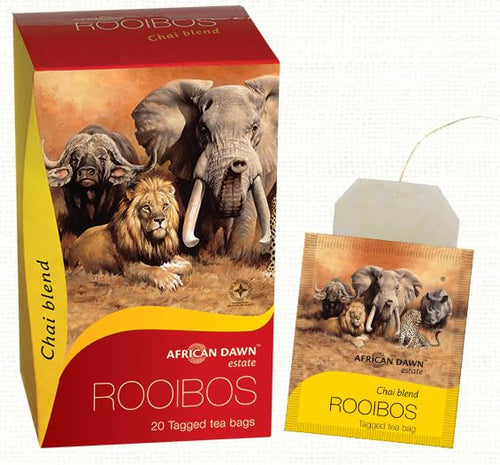African Dawn Estate ROOIBOS + Chai 10% Blend 20 Tagged Tea Bags, Single Origin Estate Rooibos of the Finest Export Quality