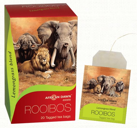 African Dawn Estate ROOIBOS + Lemongrass 10% Blend 20 Tagged Tea Bags, Single Origin Estate Rooibos of the Finest Export Qual