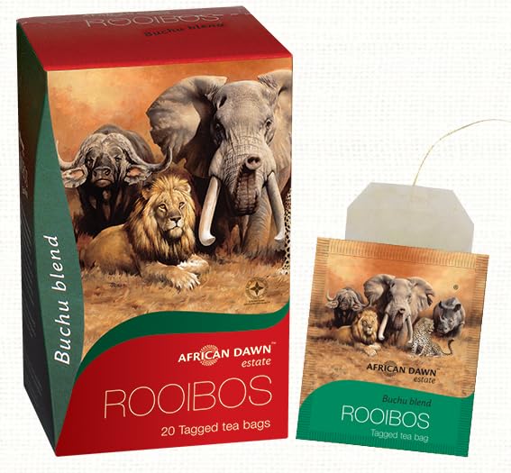 African Dawn Estate ROOIBOS + Buchu 5% Blend 20 Tagged Tea Bags, Single Origin Estate Rooibos of the Finest Export Quality