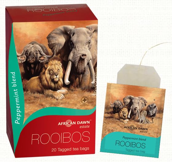 African Dawn Estate ROOIBOS + Peppermint 15% Blend 20 Tagged Tea Bags, Single Origin Estate Rooibos of the Finest Export Qual