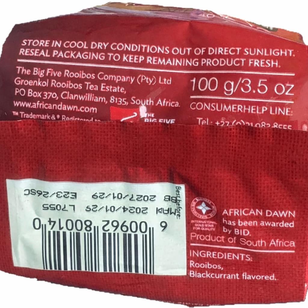 African Dawn Rooibos Tea 40 Tagless Bags 3.5 oz (Blackcurrant)