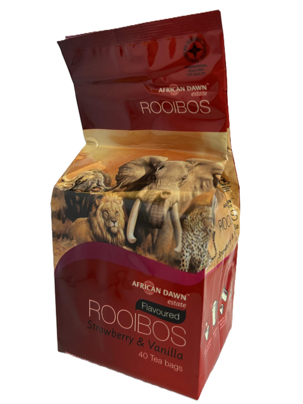 African Dawn Estate Strawberry & Vanilla flavored Rooibos, 40 Tagless Tea Bags, Single Origin Estate Rooibos of the Finest Ex