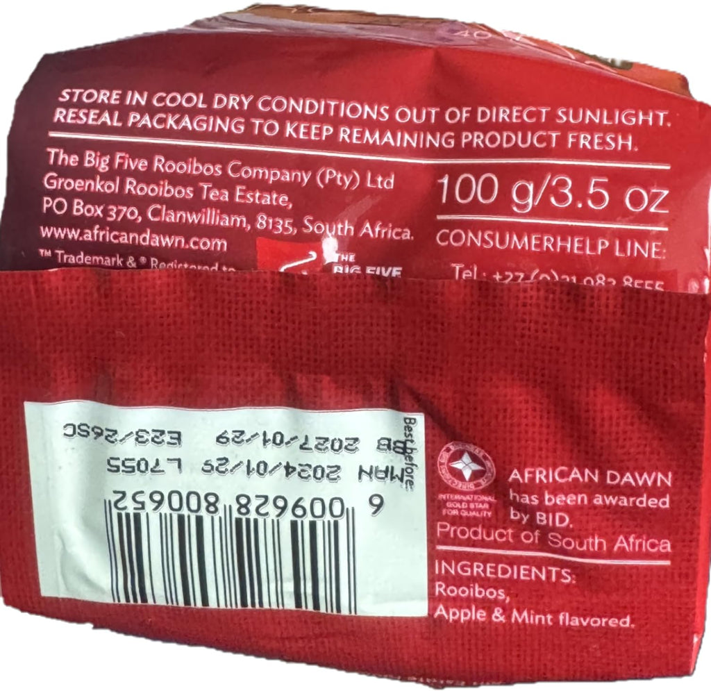 African Dawn Estate Apple & Mint flavored Rooibos, 40 Tagless Tea Bags, Single Origin Estate Rooibos of the Finest Export Qua