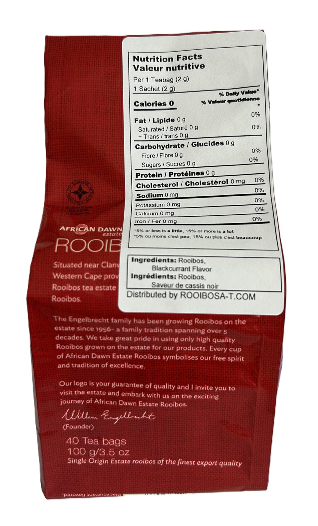 African Dawn Rooibos Tea 40 Tagless Bags 3.5 oz (Blackcurrant)