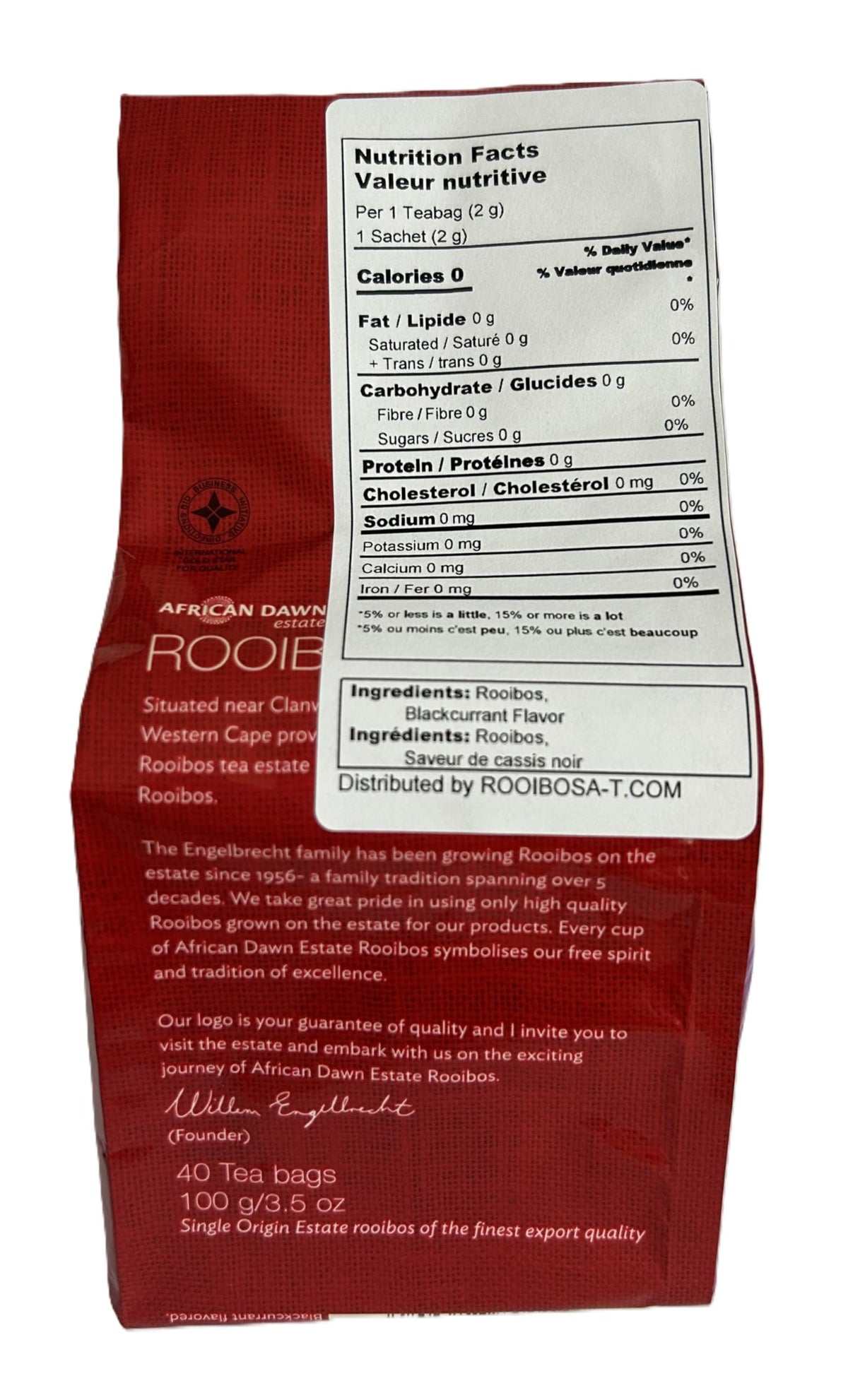 African Dawn Rooibos Tea 40 Tagless Bags 3.5 oz (Blackcurrant)