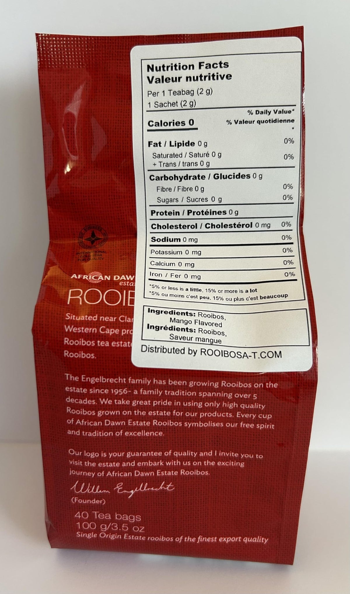 African Dawn Estate Mango flavored Rooibos 40 Tagless Tea Bags, Single Origin Estate Rooibos of the Finest Export Quality