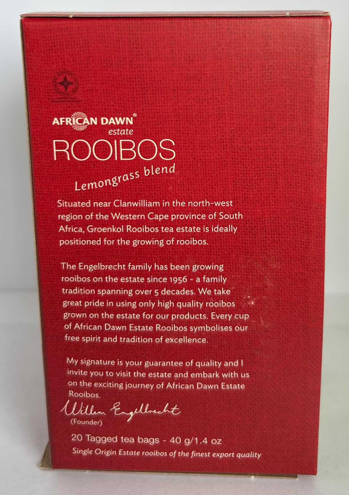 African Dawn Estate ROOIBOS + Lemongrass 10% Blend 20 Tagged Tea Bags, Single Origin Estate Rooibos of the Finest Export Qual