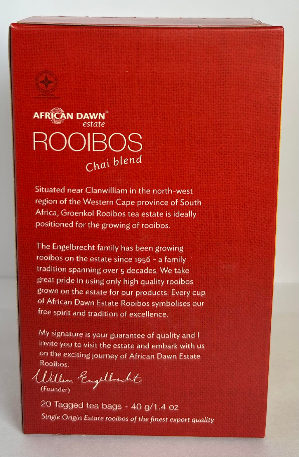 African Dawn Estate ROOIBOS + Chai 10% Blend 20 Tagged Tea Bags, Single Origin Estate Rooibos of the Finest Export Quality