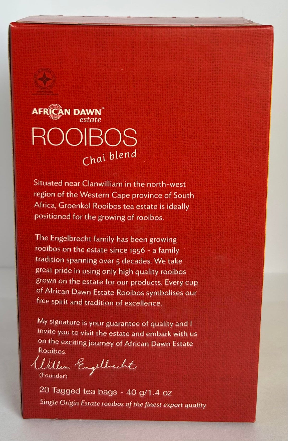 African Dawn Estate ROOIBOS + Chai 10% Blend 20 Tagged Tea Bags, Single Origin Estate Rooibos of the Finest Export Quality
