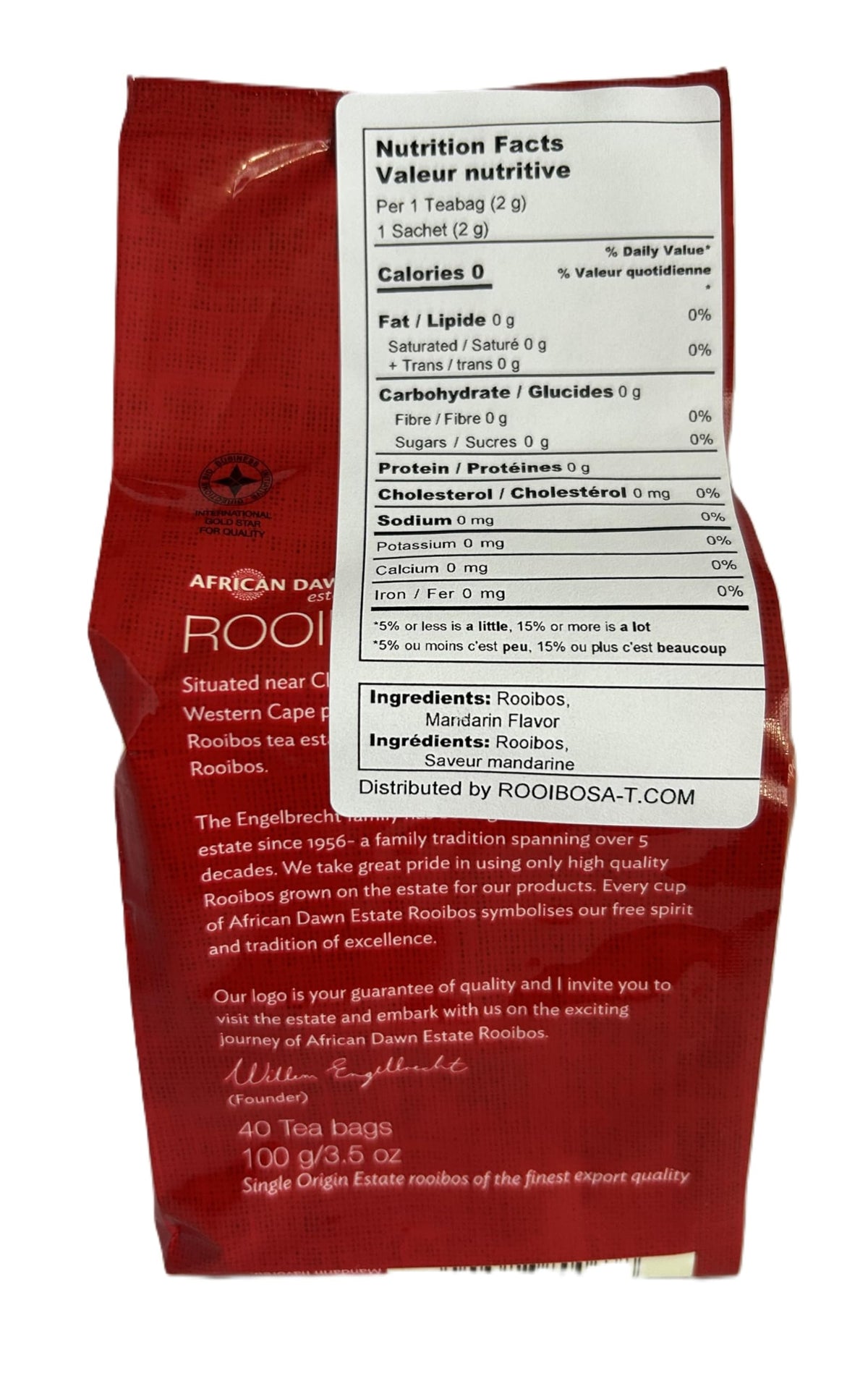 African Dawn Estate Mandarin flavored Rooibos 40 Tagless Tea Bags, Single Origin Estate Rooibos of the Finest Export Quality