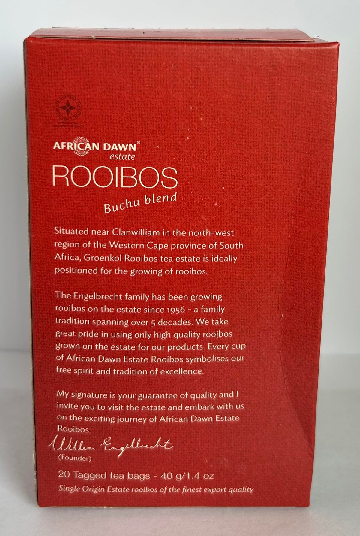 African Dawn Estate ROOIBOS + Buchu 5% Blend 20 Tagged Tea Bags, Single Origin Estate Rooibos of the Finest Export Quality