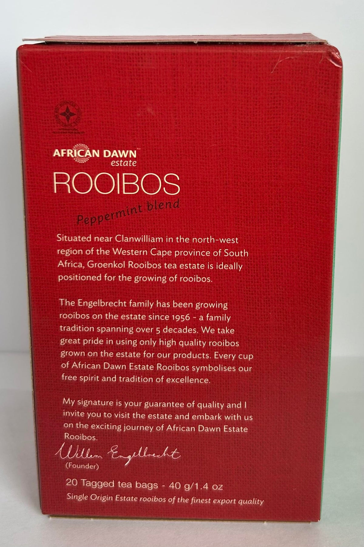 African Dawn Estate ROOIBOS + Peppermint 15% Blend 20 Tagged Tea Bags, Single Origin Estate Rooibos of the Finest Export Qual