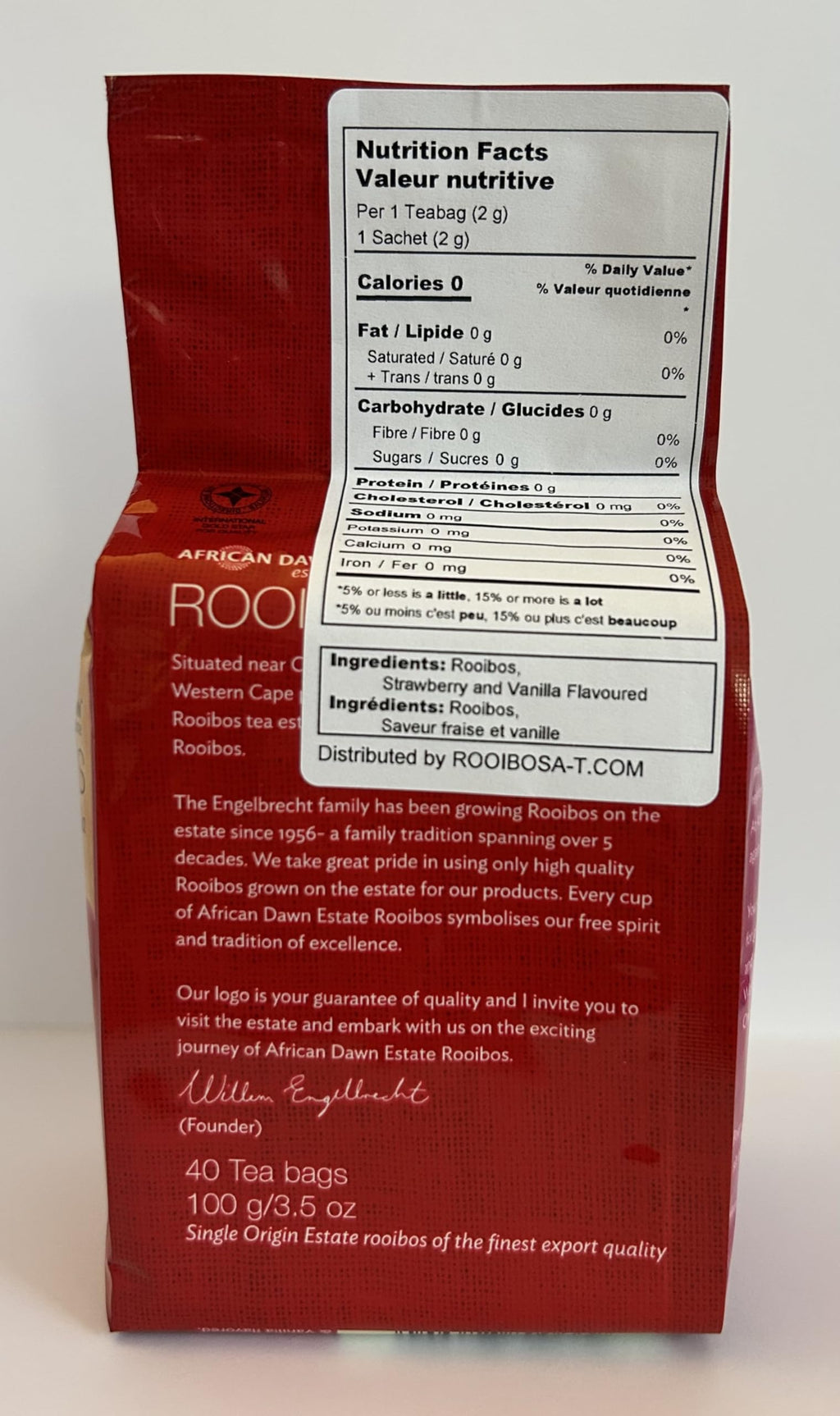 African Dawn Estate Strawberry & Vanilla flavored Rooibos, 40 Tagless Tea Bags, Single Origin Estate Rooibos of the Finest Ex