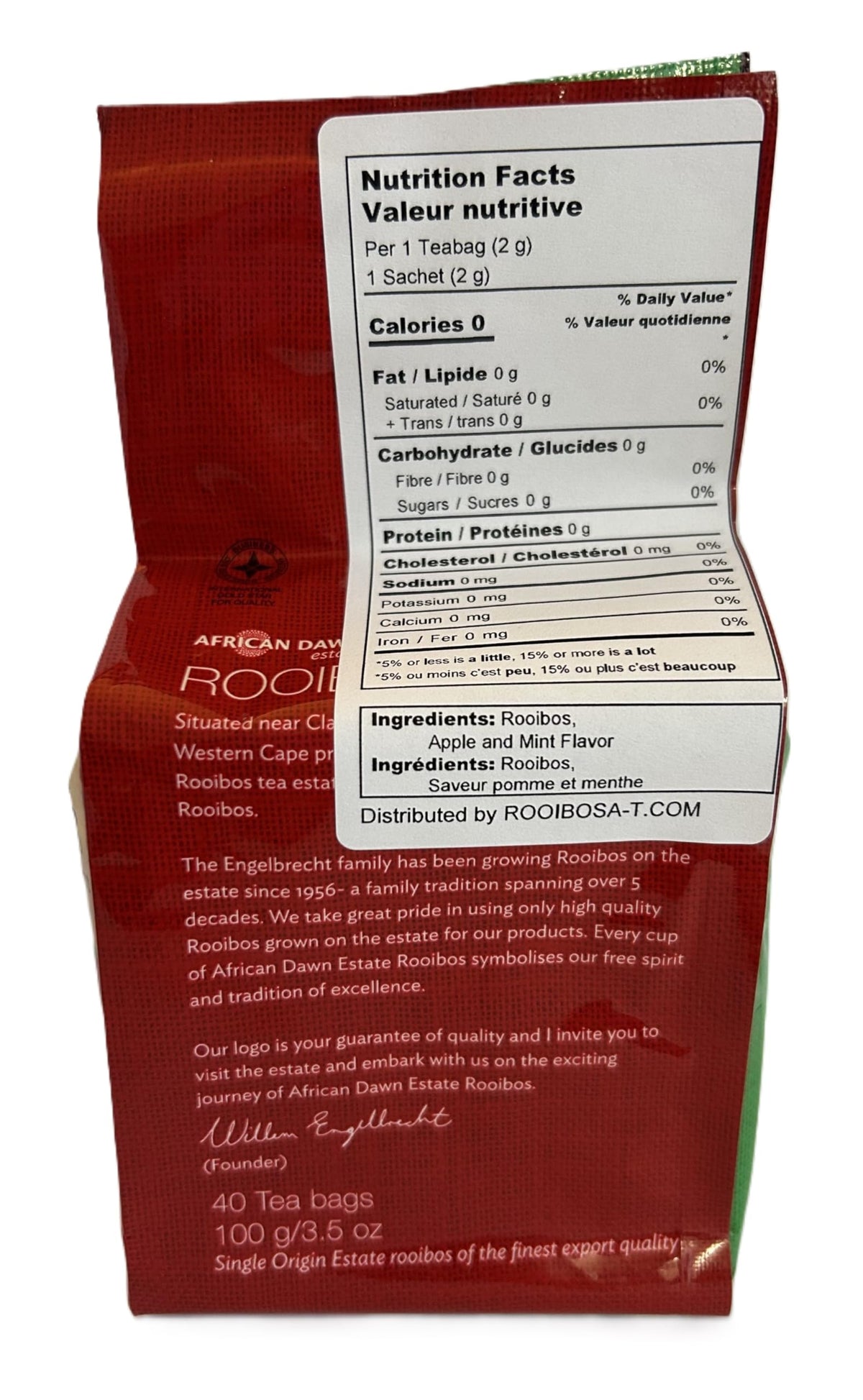 African Dawn Estate Apple & Mint flavored Rooibos, 40 Tagless Tea Bags, Single Origin Estate Rooibos of the Finest Export Qua