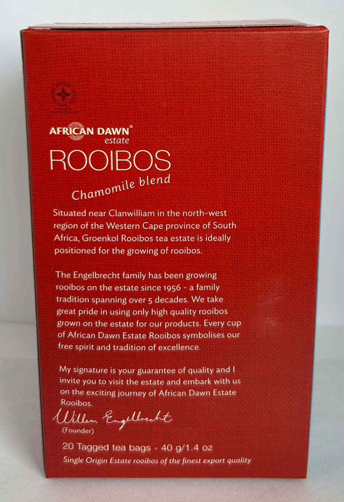 African Dawn Estate ROOIBOS+ Chamomile 20% Blend 20 Tagged Tea Bags, Single Origin Estate Rooibos of the Finest Export Qualit