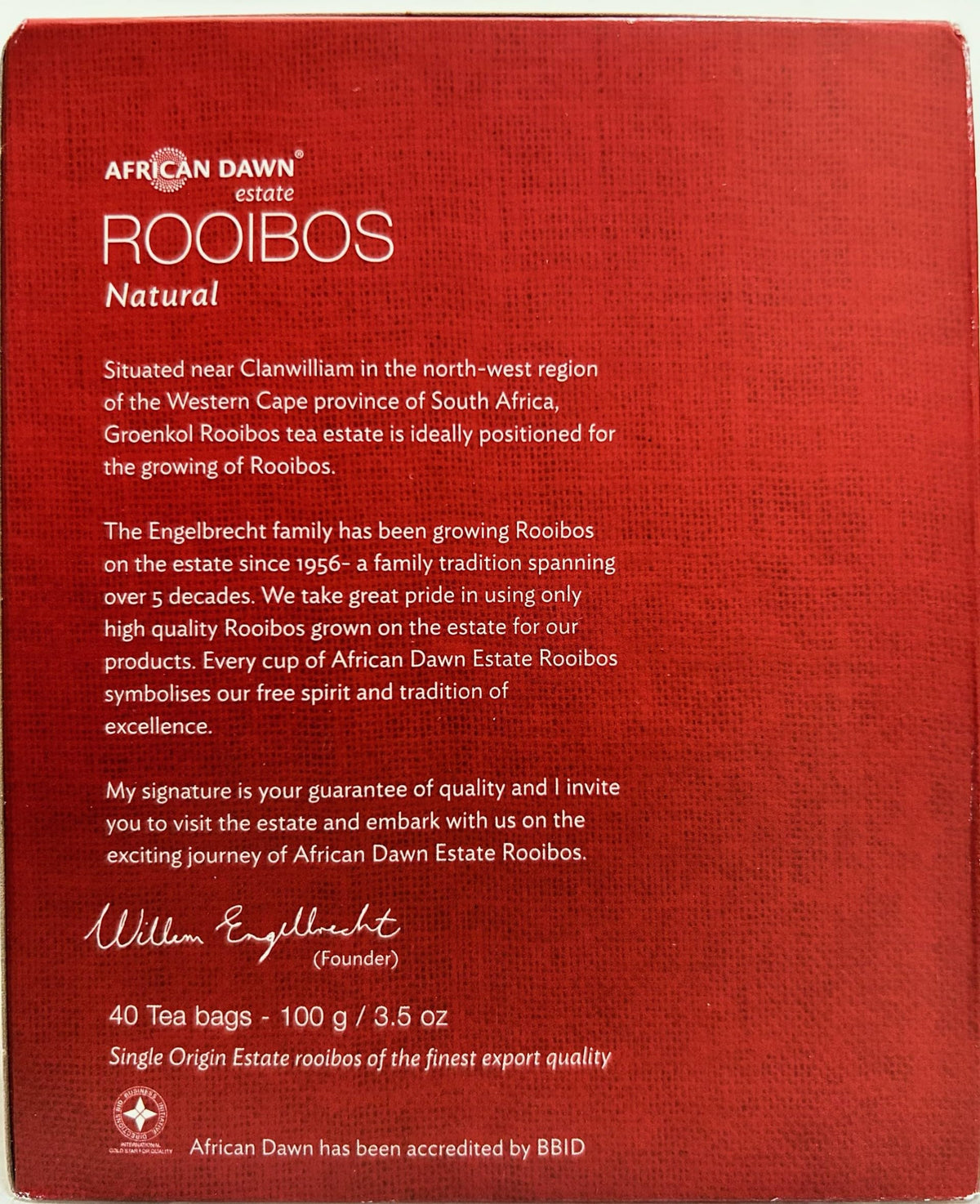 African Dawn Estate Pure Rooibos Tea, 40 Tagless Tea Bags, Single Origin Estate Rooibos of the Finest Export Quality